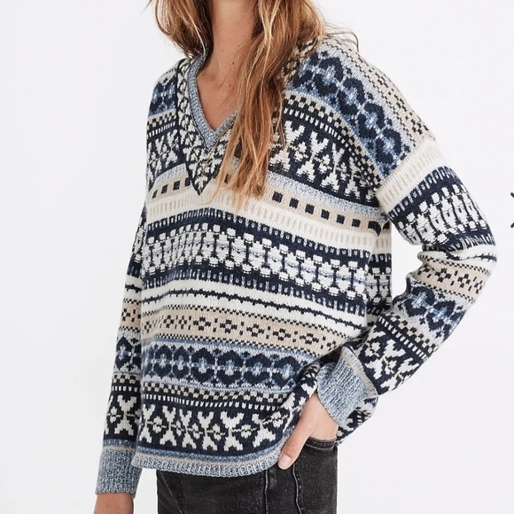 Madewell Forrest Fair Isle Dancer V Neck Pullover Wool Blend Sweater Size S - Picture 1 of 11
